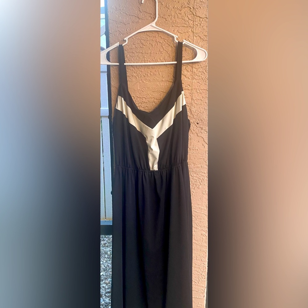 Black and off-white high-low sundress. Midi length.
